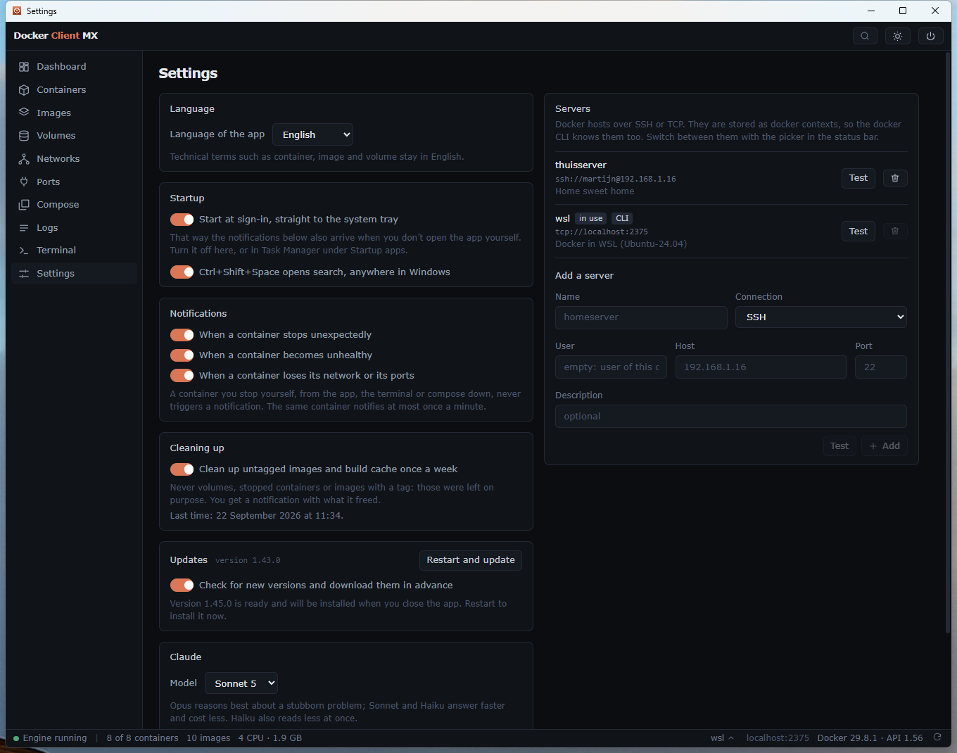 Screenshot: Settings: startup, cleaning up and notifications.