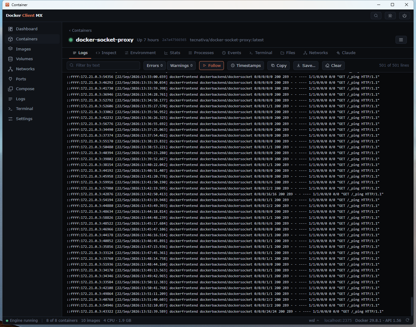 Screenshot: A container's detail page, with logs from the last hour.