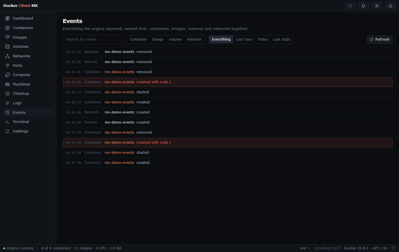 Screenshot: The Events page: containers, images, volumes and networks together, newest first.