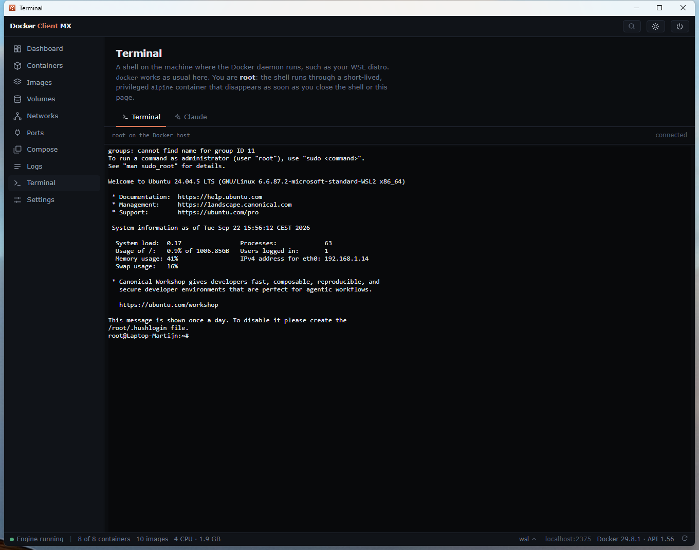 Screenshot: The host terminal. The docker CLI works as usual.